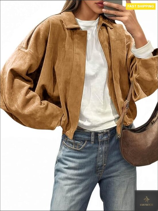 Jackets & Blazers - Oversized Cropped Faux Suede Bomber Jacket Zip Up Lapel Casual Coat